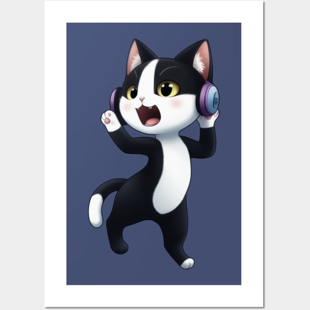 Cute Tuxedo Cat with Headphones Wall Art by Rishirt